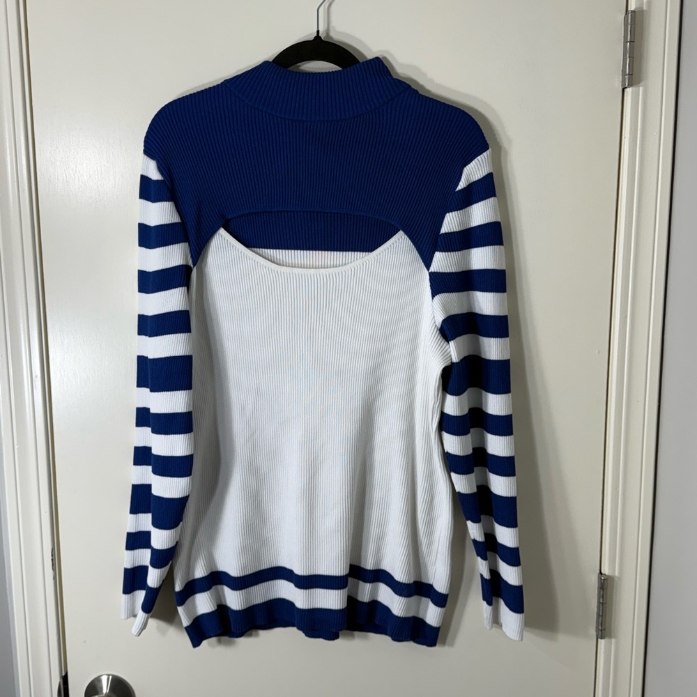 Ashley Stewart Blue & White Peekaboo High Neck Sweater Plus Size 26/28W